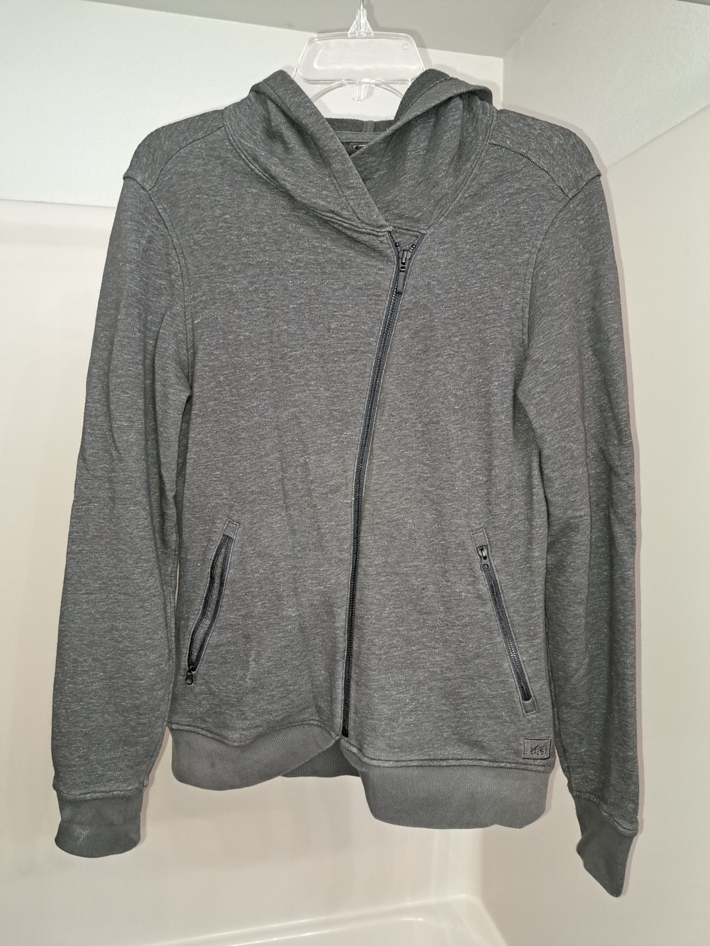 REI Women's Asymmetrical Hooded Zip Jacket in Charcoal with Subtle Flecks